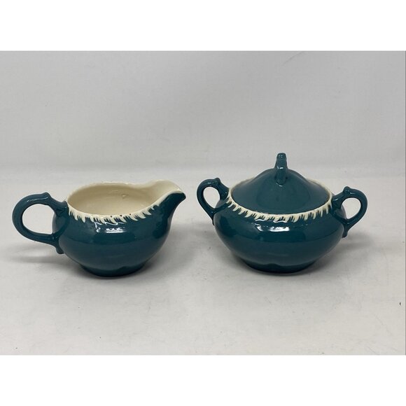 Harker Corinthian Dark Teal Green Sugar  Creamer Gadroon Edge Vintage Harkerware - Picture 6 of 12
